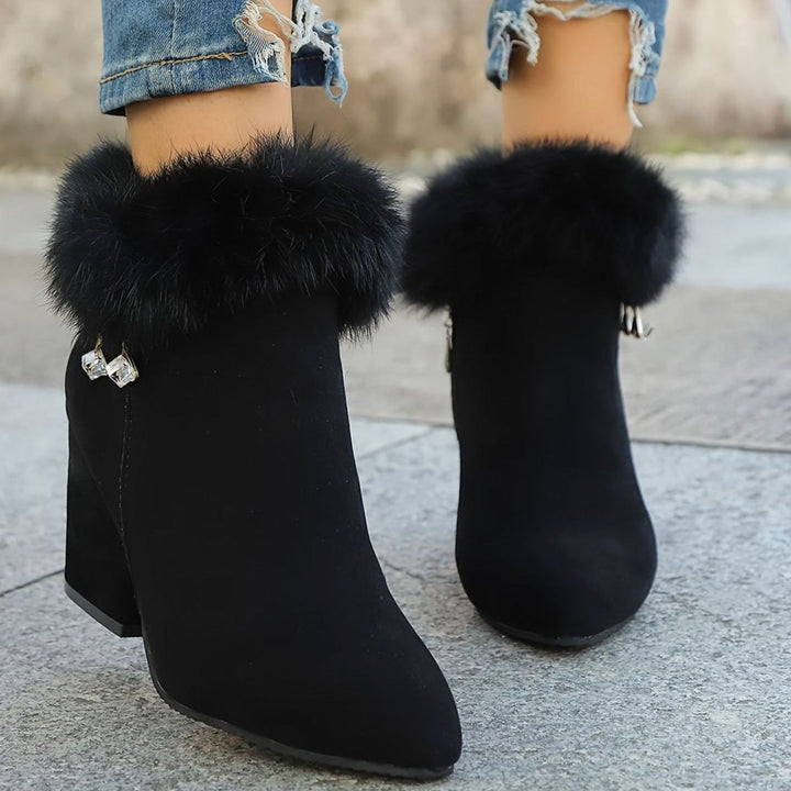 Women's Black Boots Faux Fur Trim Block-Heel Ankle Booties II