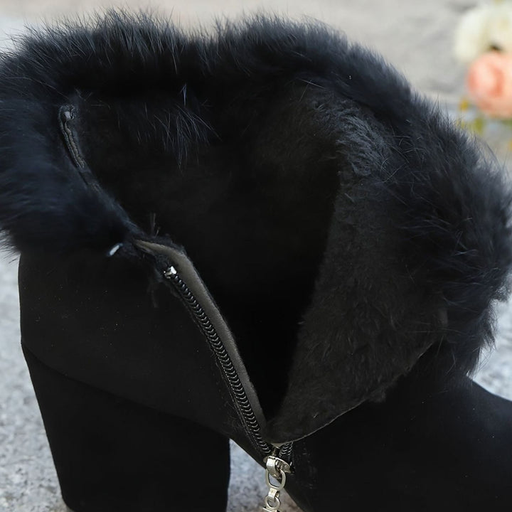 Women's Black Boots Faux Fur Trim Block-Heel Ankle Booties II