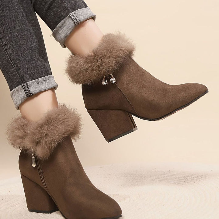 Women's Black Boots Faux Fur Trim Block-Heel Ankle Booties II