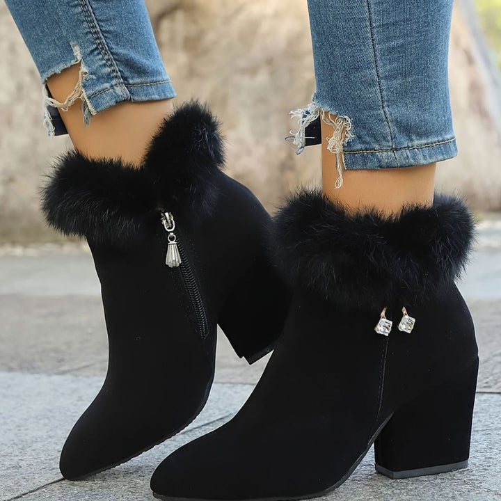 Women's Black Boots Faux Fur Trim Block-Heel Ankle Booties II - Black