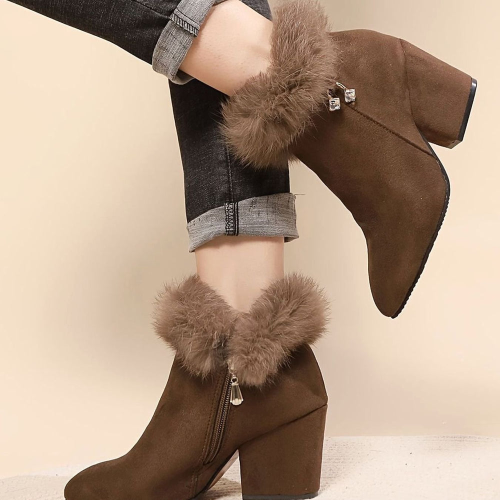 Women's Black Boots Faux Fur Trim Block-Heel Ankle Booties II
