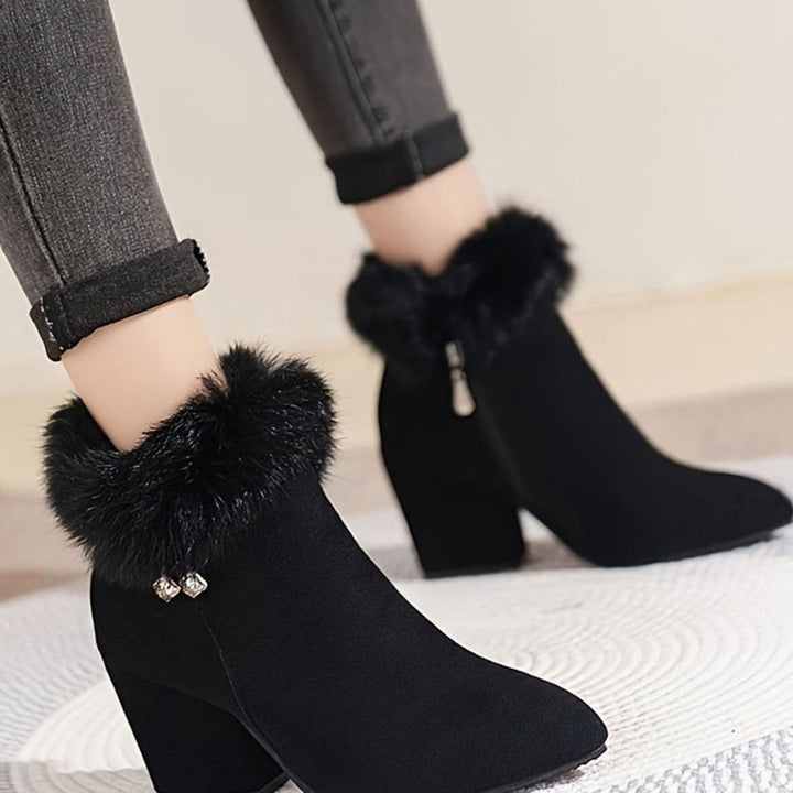 Women's Black Boots Faux Fur Trim Block-Heel Ankle Booties II