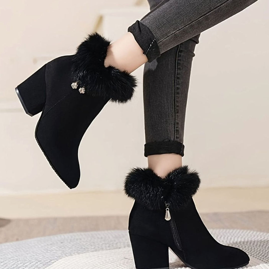 Women's Black Boots Faux Fur Trim Block-Heel Ankle Booties II