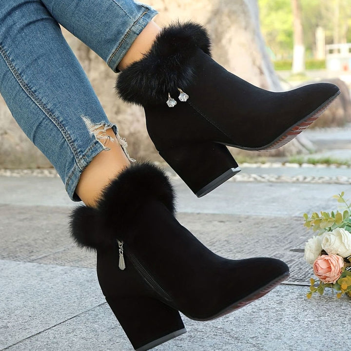 Women's Black Boots Faux Fur Trim Block-Heel Ankle Booties II