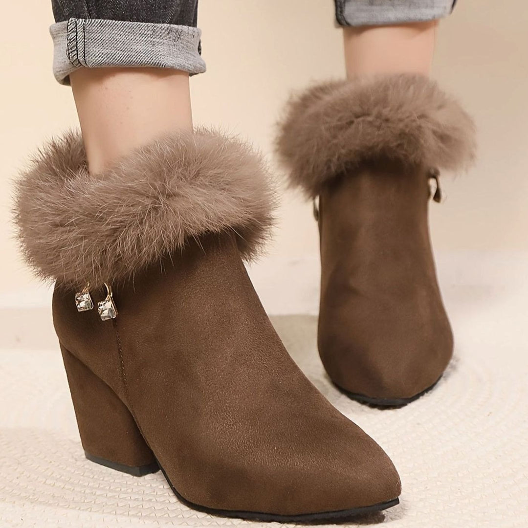 Women's Black Boots Faux Fur Trim Block-Heel Ankle Booties II - Dark Brown