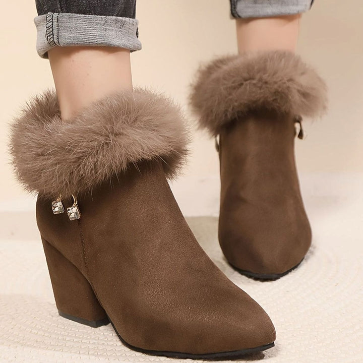Women's Black Boots Faux Fur Trim Block-Heel Ankle Booties II - Dark Brown