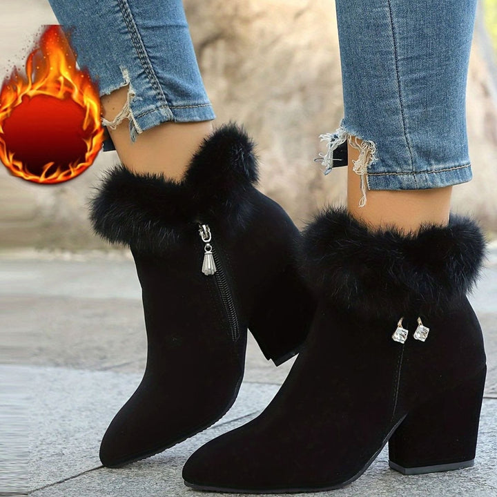 Women's Black Boots Faux Fur Trim Block-Heel Ankle Booties II