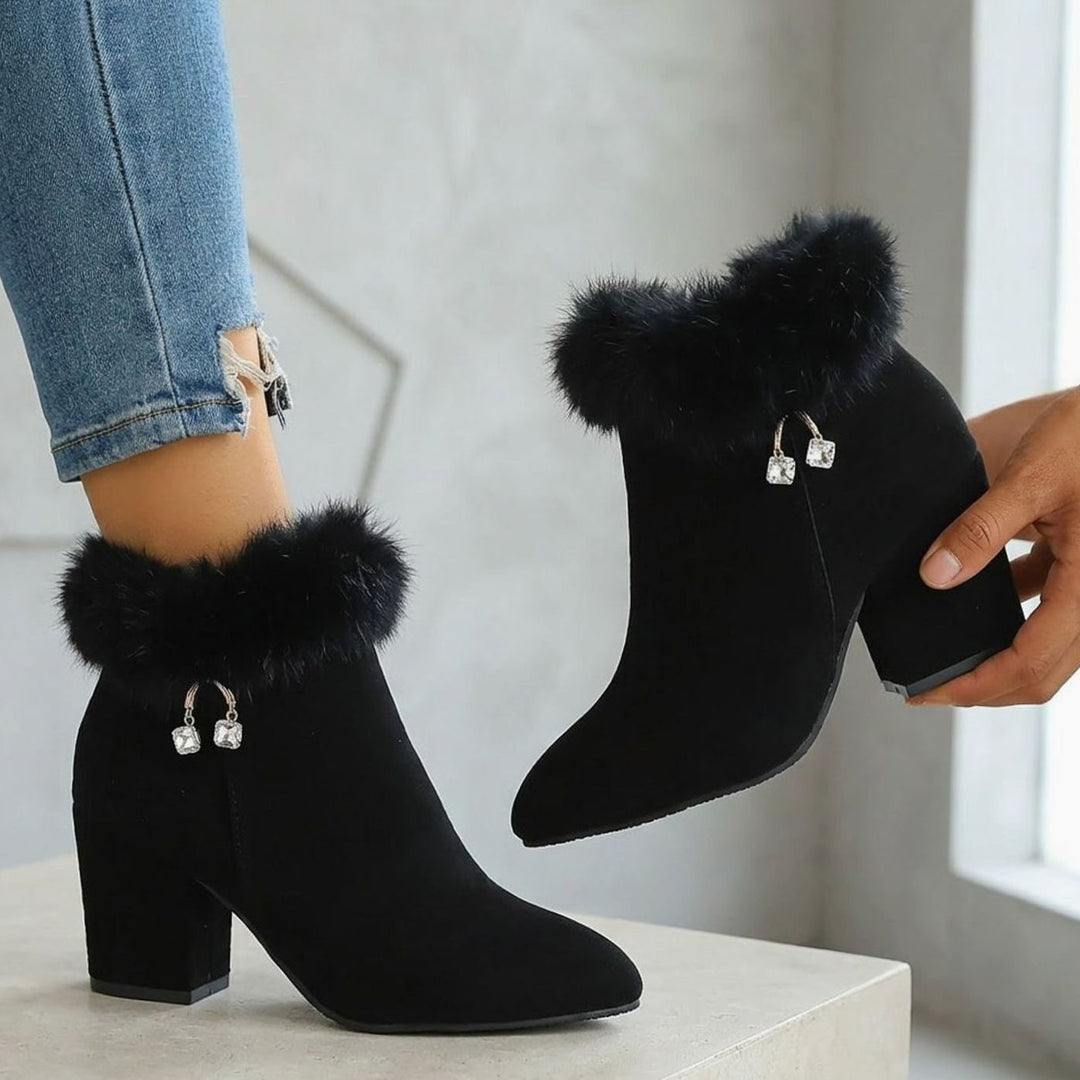 Women's Black Boots Faux Fur Trim Block-Heel Ankle Booties II