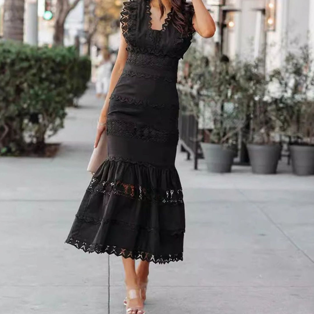 Women's Black Maxi Dress Sleeveless Lace-Trim Cotton Mermaid Hem