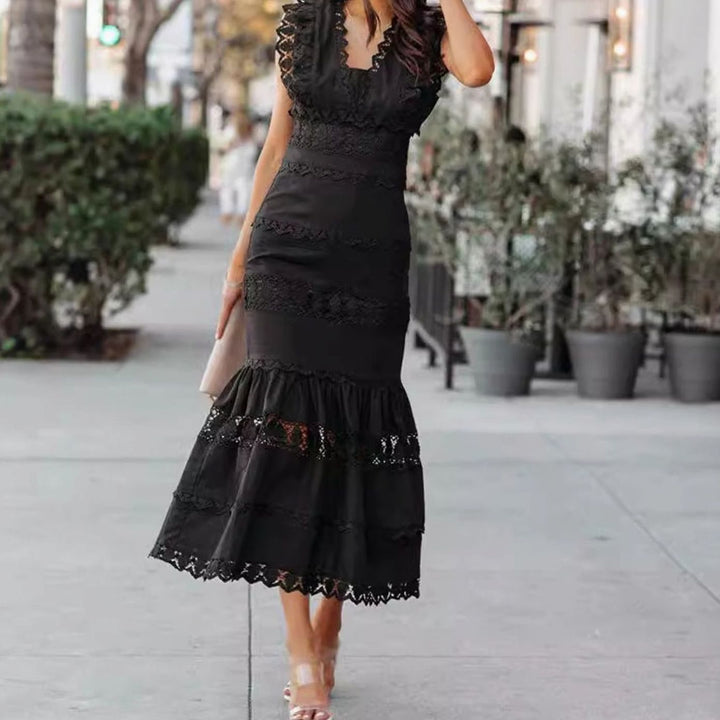 Women's Black Maxi Dress Sleeveless Lace-Trim Cotton Mermaid Hem