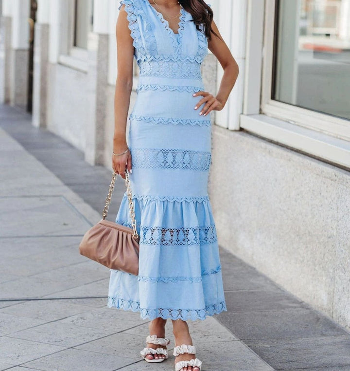 Women's Black Maxi Dress Sleeveless Lace-Trim Cotton Mermaid Hem