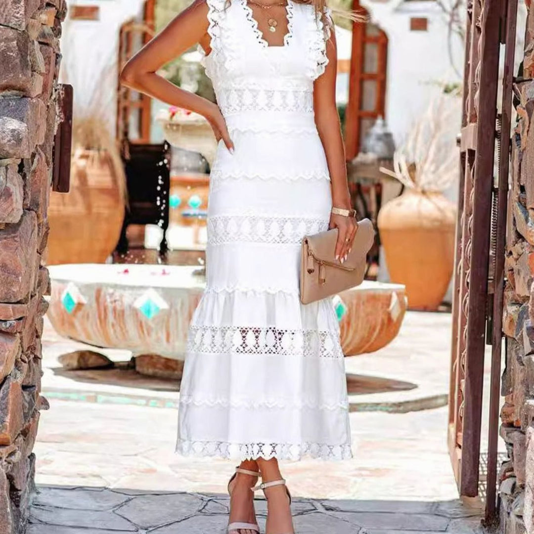 Women's Black Maxi Dress Sleeveless Lace-Trim Cotton Mermaid Hem