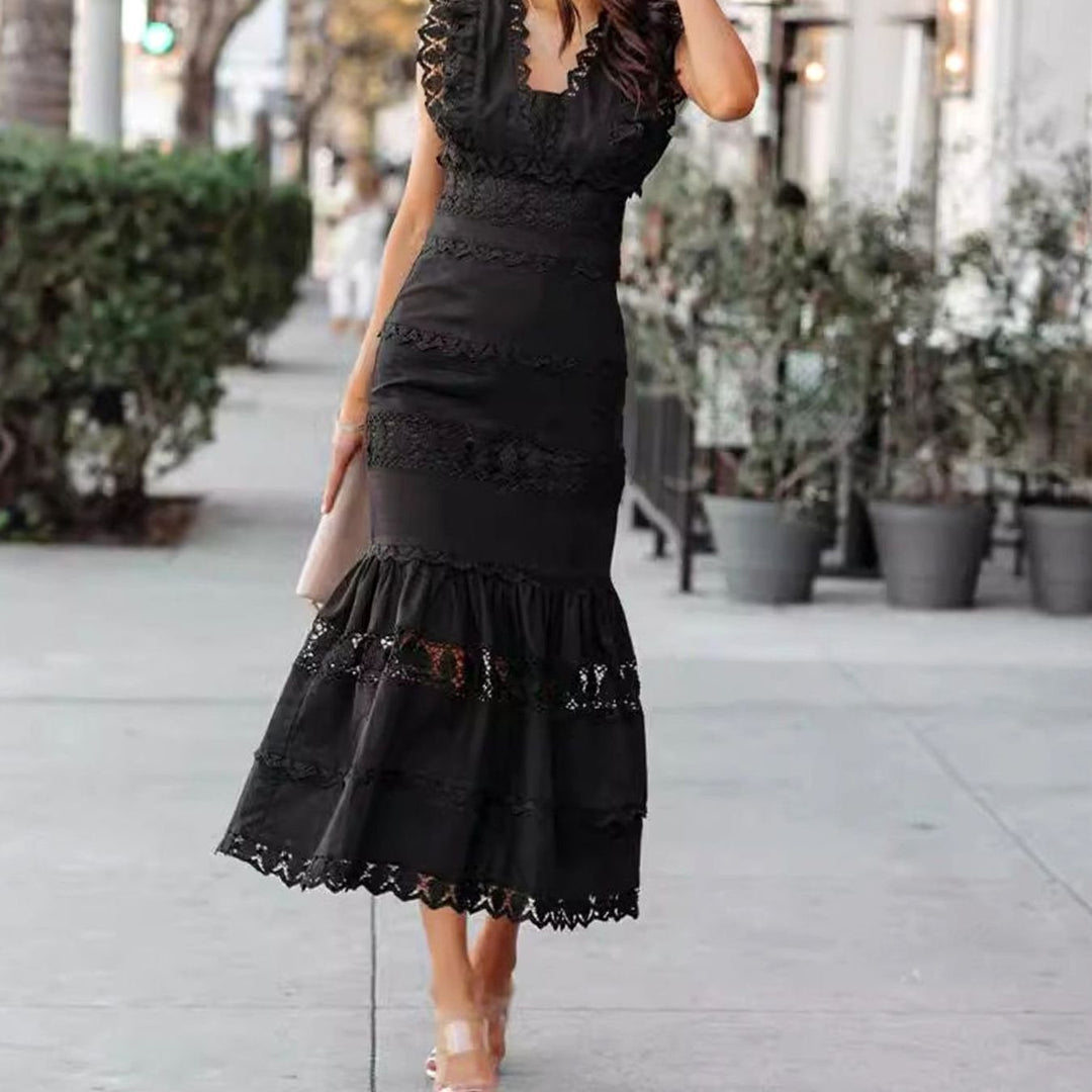 Women's Black Maxi Dress Sleeveless Lace-Trim Cotton Mermaid Hem - Black