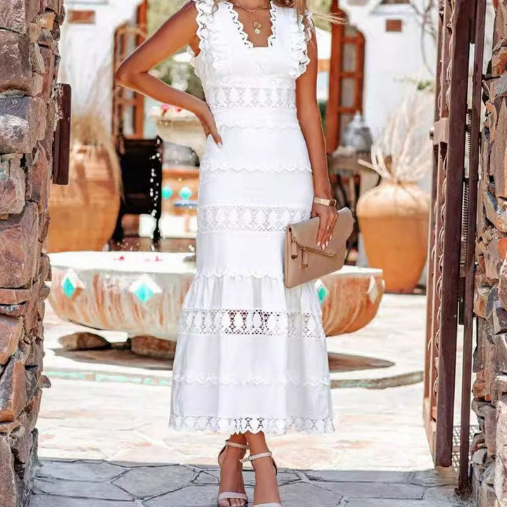 Women's Black Maxi Dress Sleeveless Lace-Trim Cotton Mermaid Hem