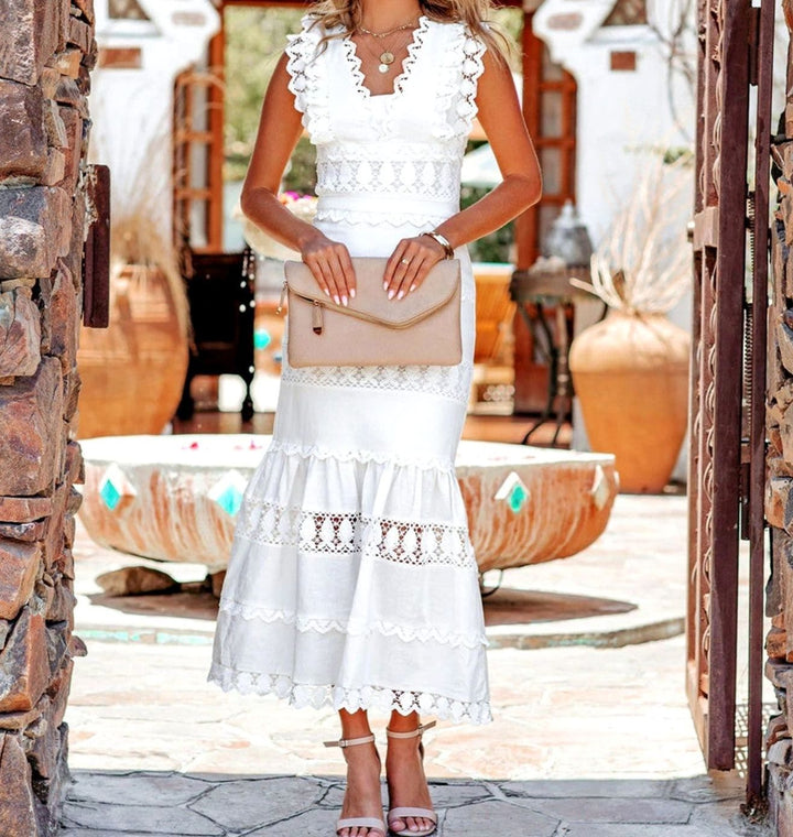 Women's Black Maxi Dress Sleeveless Lace-Trim Cotton Mermaid Hem - White