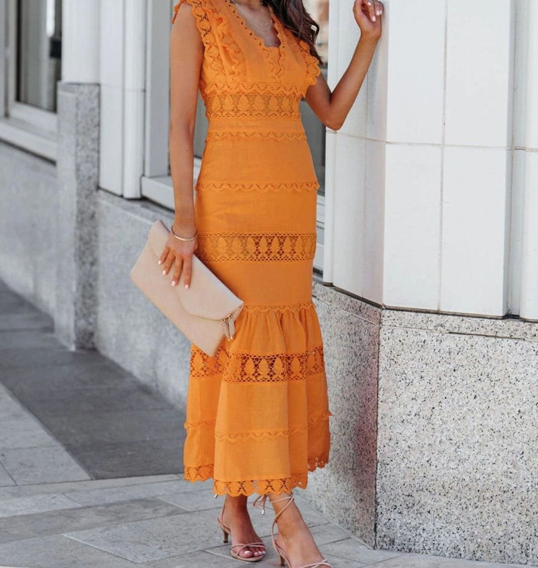 Women's Black Maxi Dress Sleeveless Lace-Trim Cotton Mermaid Hem - Yellow