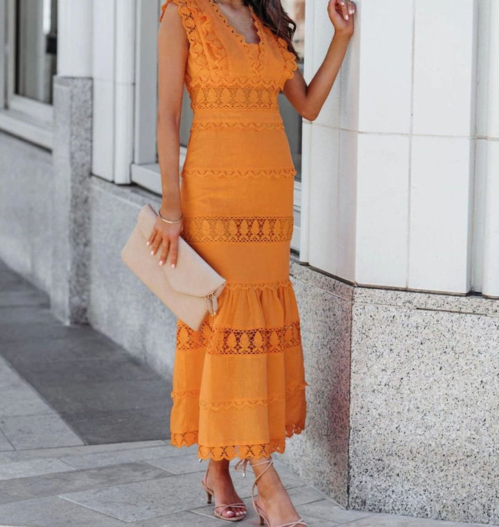 Women's Black Maxi Dress Sleeveless Lace-Trim Cotton Mermaid Hem - Yellow