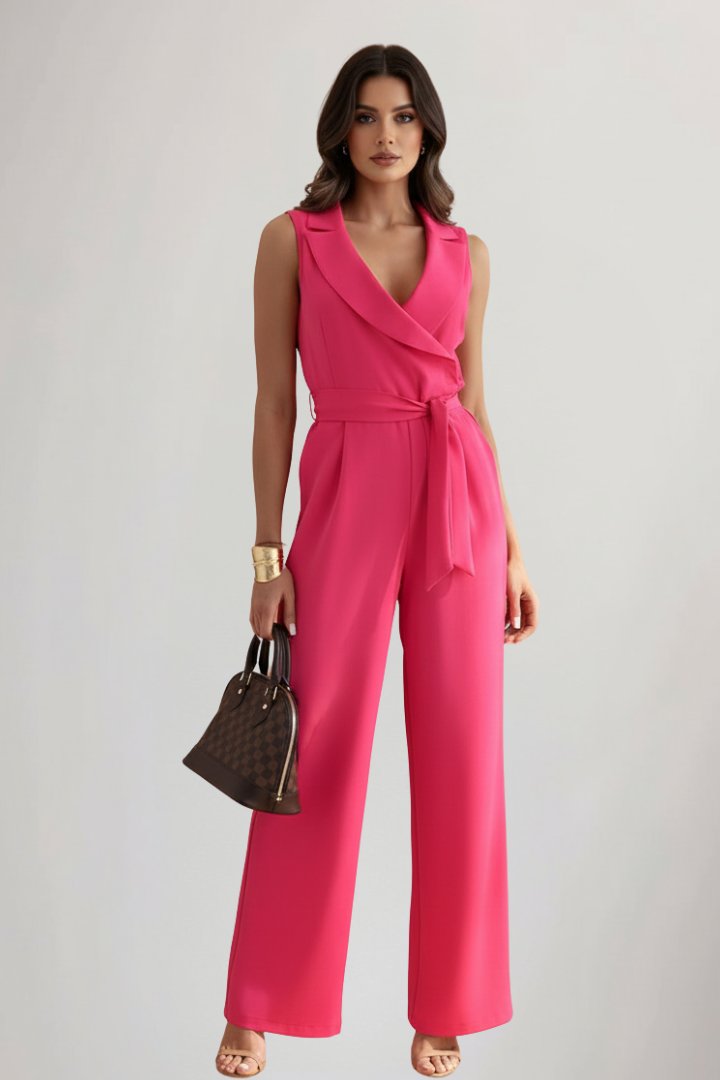 Women's Blazer-Collar Tie-Waist Wide-Leg Jumpsuit - Fuchsia Pink