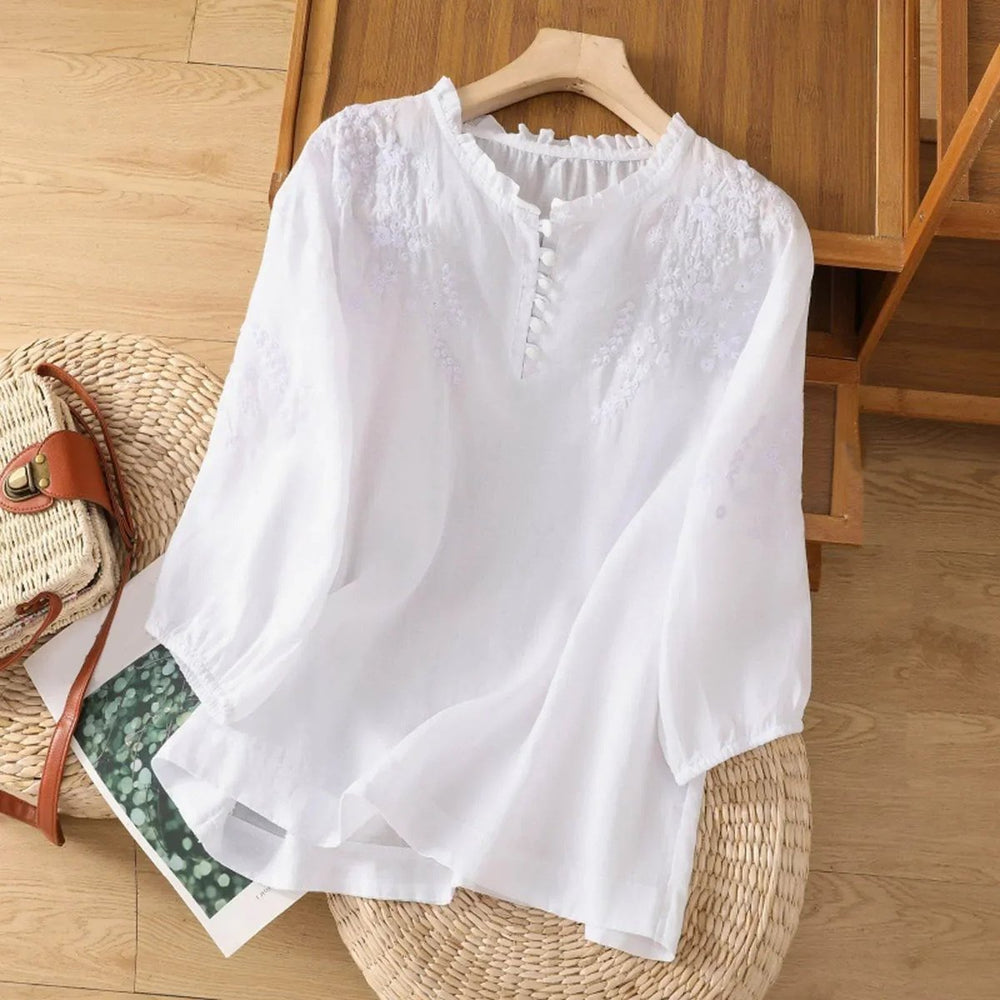 Women's Bohemian Floral Embroidered Ruffle-Neck Puff Sleeve Blouse - White