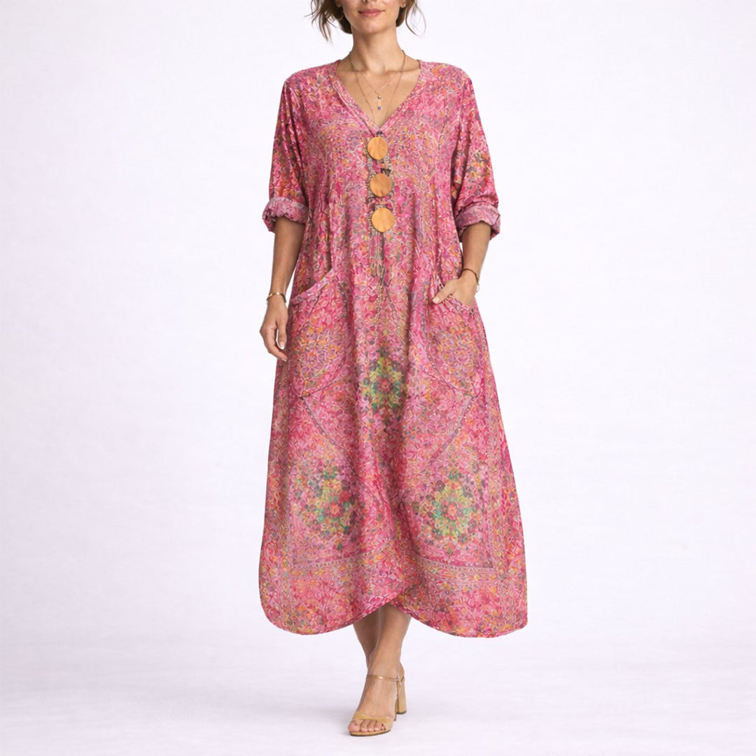 Women's Bohemian Paisley Maxi Fall Wedding Guest Dress V-Neck Kaftan - Red