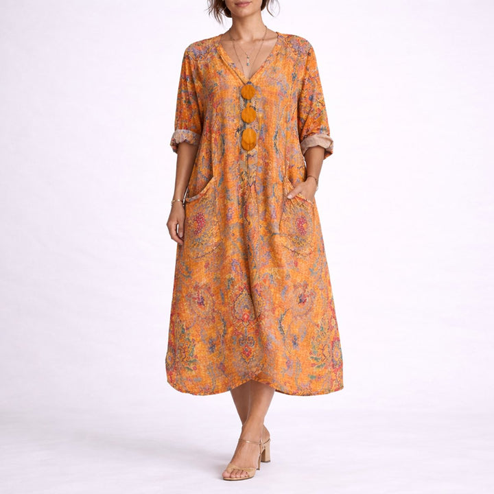 Women's Bohemian Paisley Maxi Fall Wedding Guest Dress V-Neck Kaftan - Orange