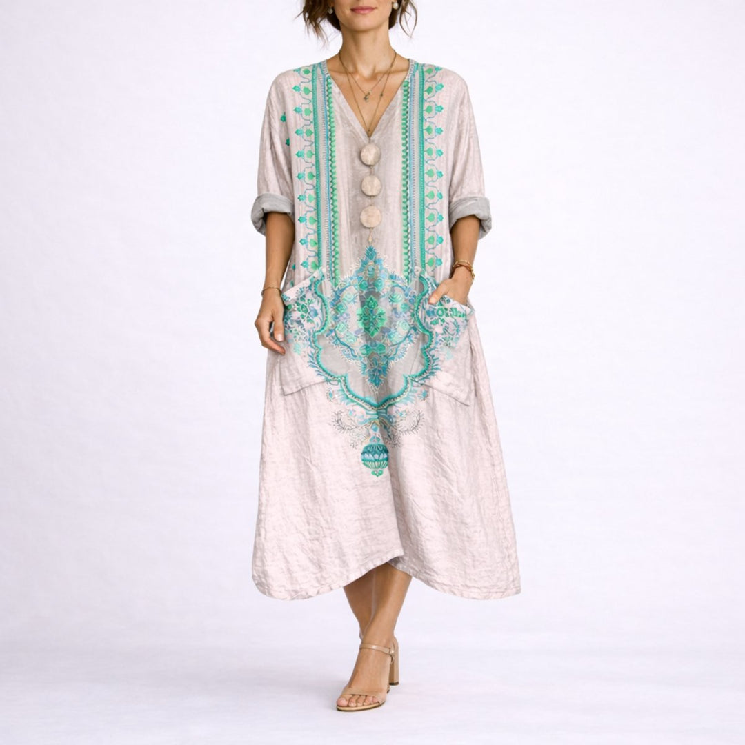 Women's Bohemian Paisley Maxi Fall Wedding Guest Dress V-Neck Kaftan - Pink & Green
