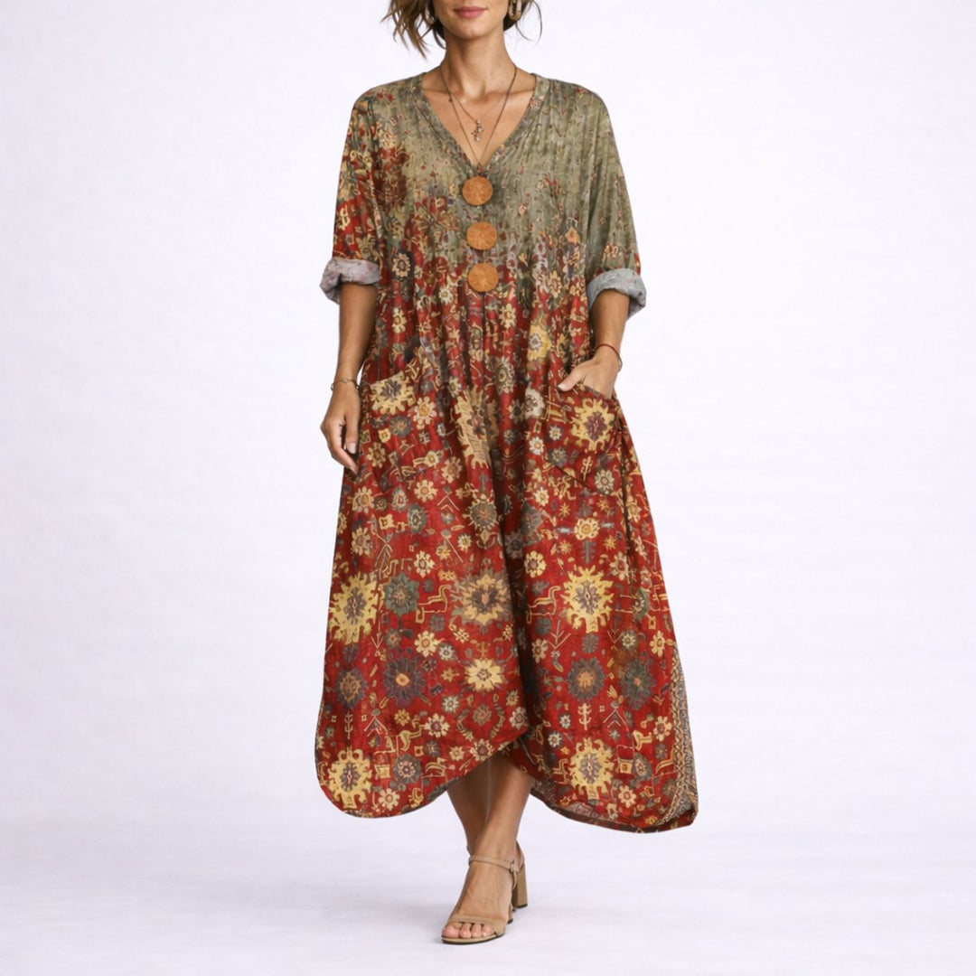 Women's Bohemian Paisley Maxi Fall Wedding Guest Dress V-Neck Kaftan - Red Carpet