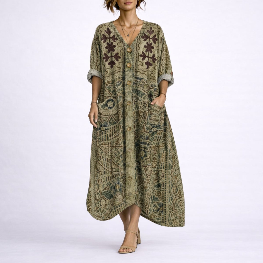 Women's Bohemian Paisley Maxi Fall Wedding Guest Dress V-Neck Kaftan - Green