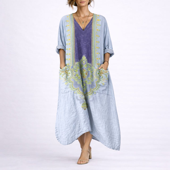 Women's Bohemian Paisley Maxi Fall Wedding Guest Dress V-Neck Kaftan - Blue & Purple