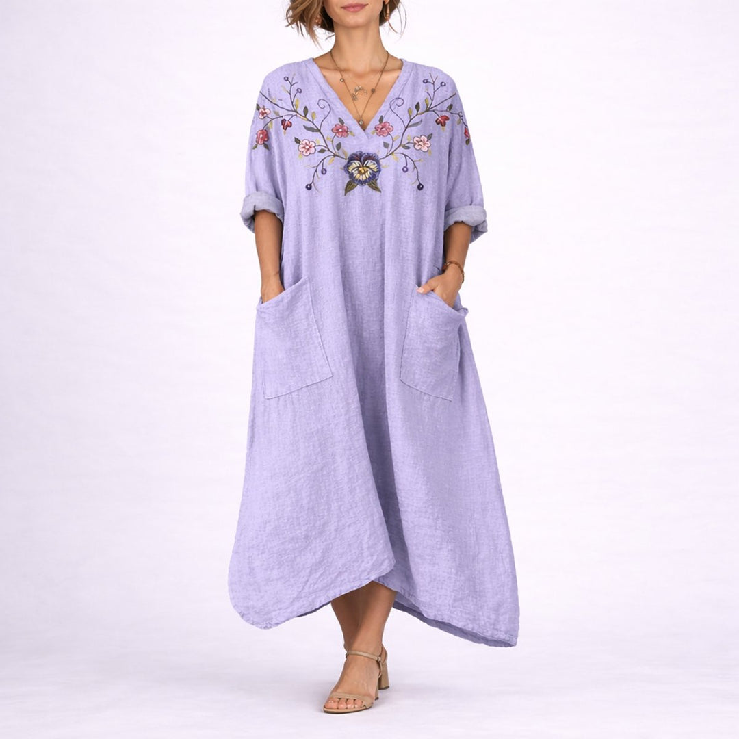 Women's Bohemian Paisley Maxi Fall Wedding Guest Dress V-Neck Kaftan - Purple