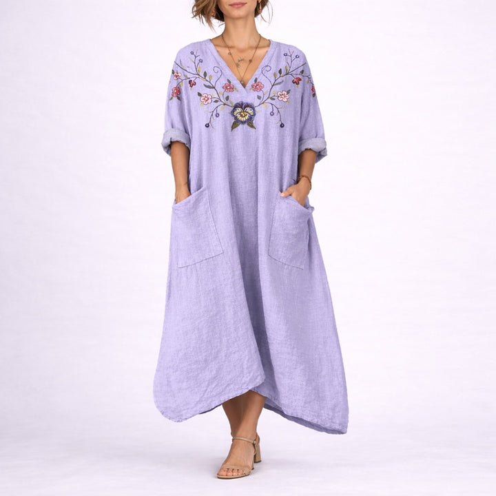 Women's Bohemian Paisley Maxi Fall Wedding Guest Dress V-Neck Kaftan - Purple