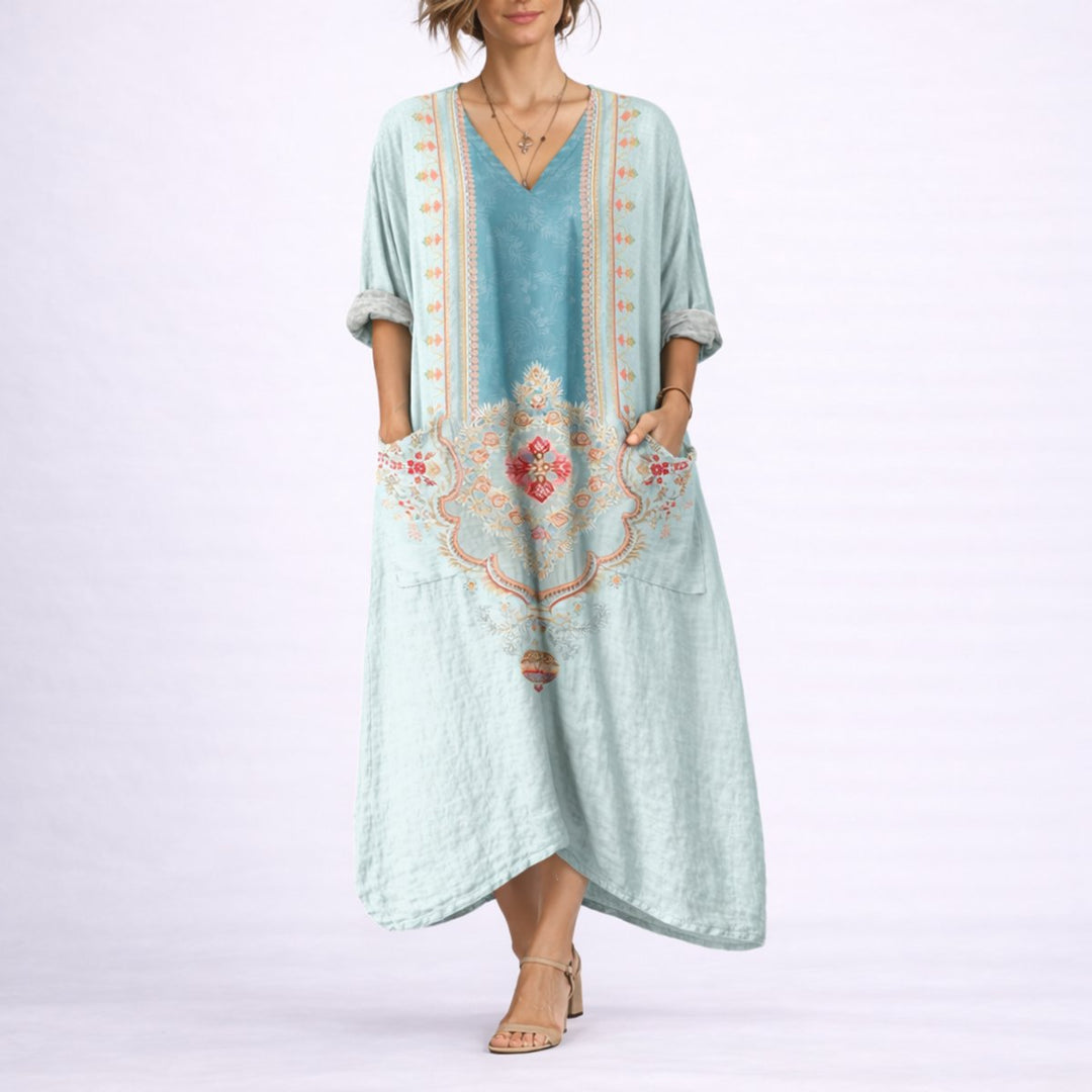 Women's Bohemian Paisley Maxi Fall Wedding Guest Dress V-Neck Kaftan - Green & Blue