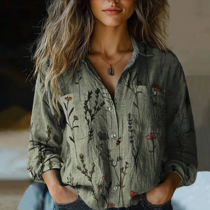 Women's Bohemian Paisley Print Button-Down Long Sleeve Blouse - Green