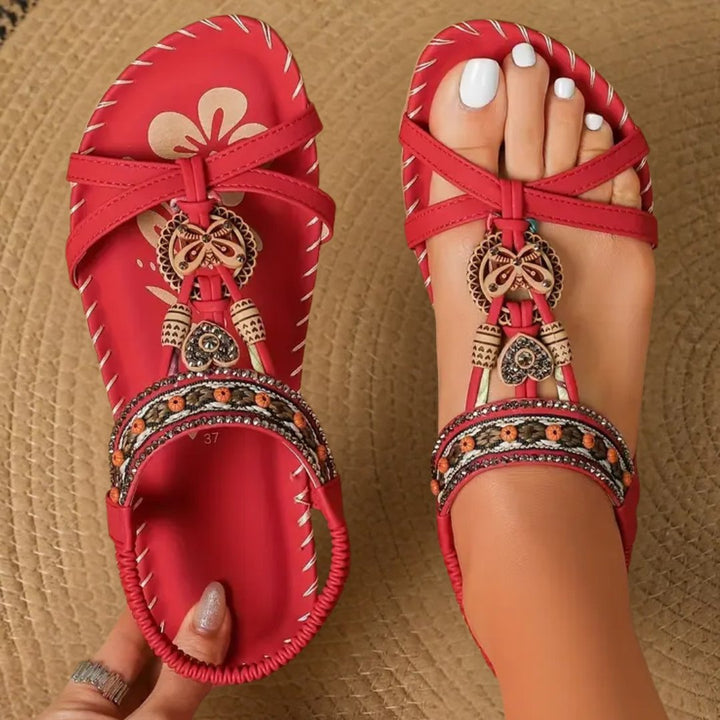 Women's Boho Beaded Flat T-Strap Elastic-Heel Summer Sandals - Red