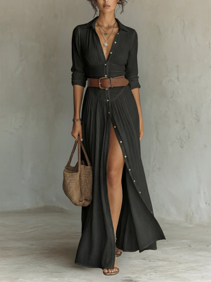 Women's Boho Button-Front Belted Maxi Shirt Dress - Black