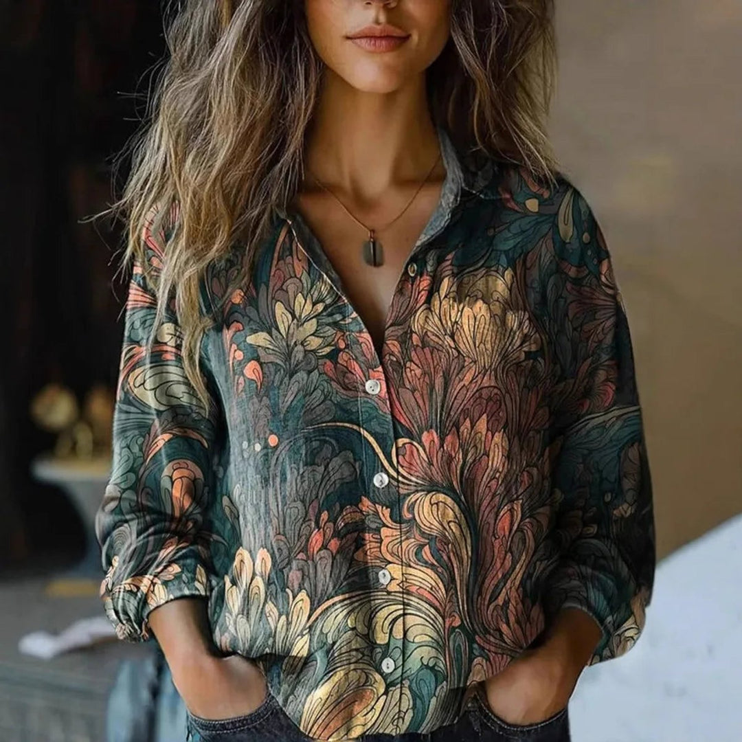 Women's Boho Floral Long Sleeve Button-Up Blouse - Dark Green