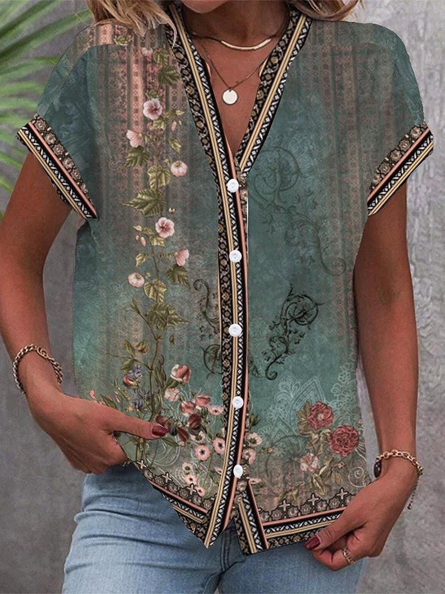 Women's Boho Floral Print V-Neck Button-Front Blouse - Green