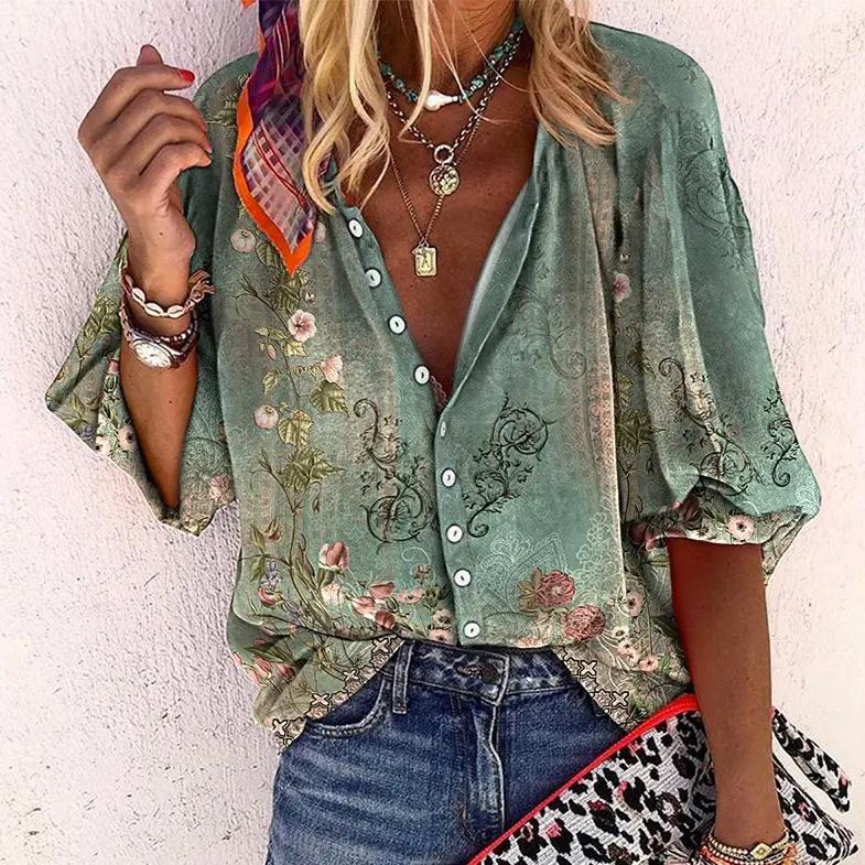 Women's Boho Floral Print V-Neck Long Sleeve Button-Down Blouse - Green