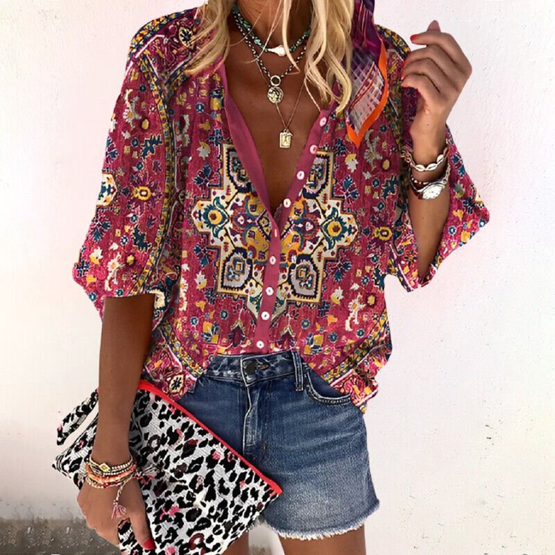 Women's Boho Floral Print V-Neck Long Sleeve Button-Down Blouse - Red