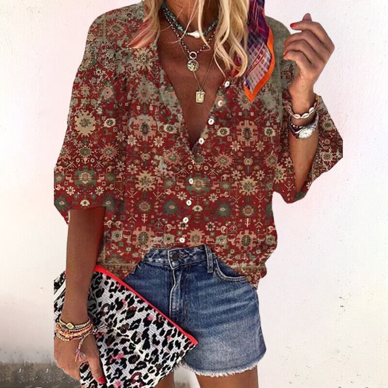 Women's Boho Floral Print V-Neck Long Sleeve Button-Down Blouse - Brown