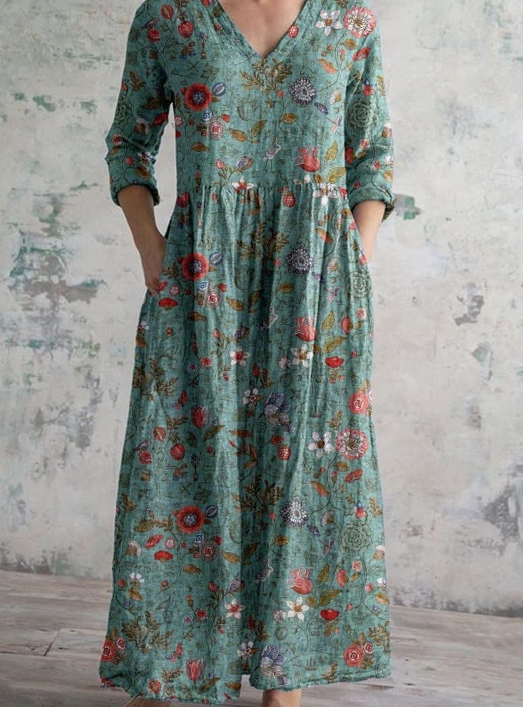 Women's Boho Floral Print V-Neck Midi Dress