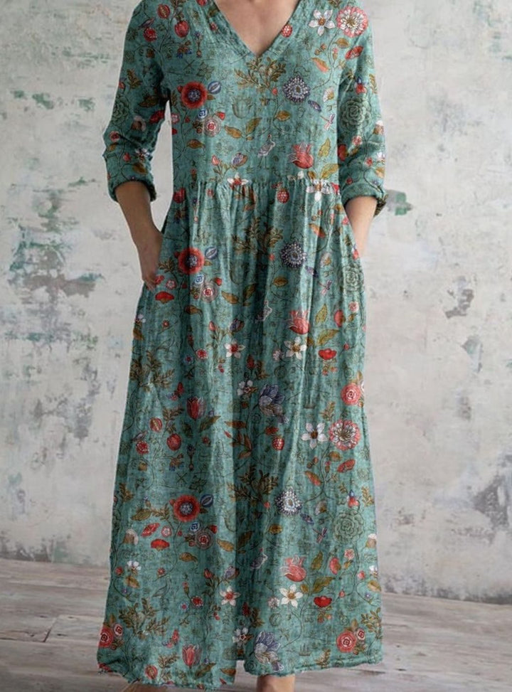 Women's Boho Floral Print V-Neck Midi Dress