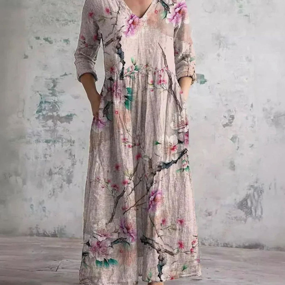 Women's Boho Floral Print V-Neck Midi Dress - Pink