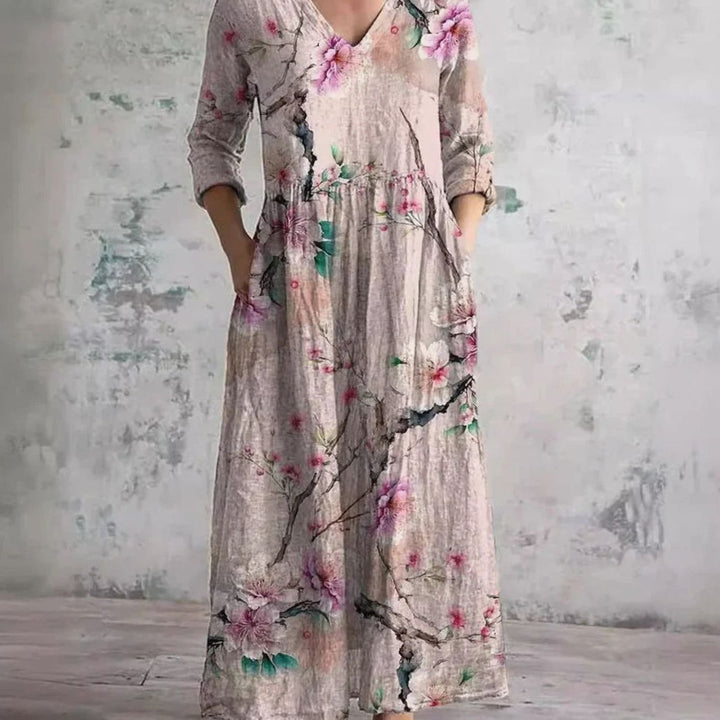 Women's Boho Floral Print V-Neck Midi Dress - Pink