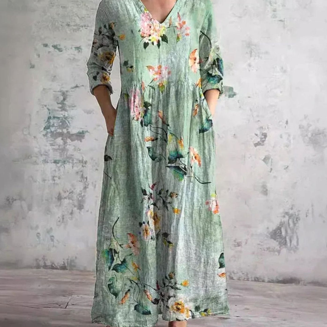 Women's Boho Floral Print V-Neck Midi Dress