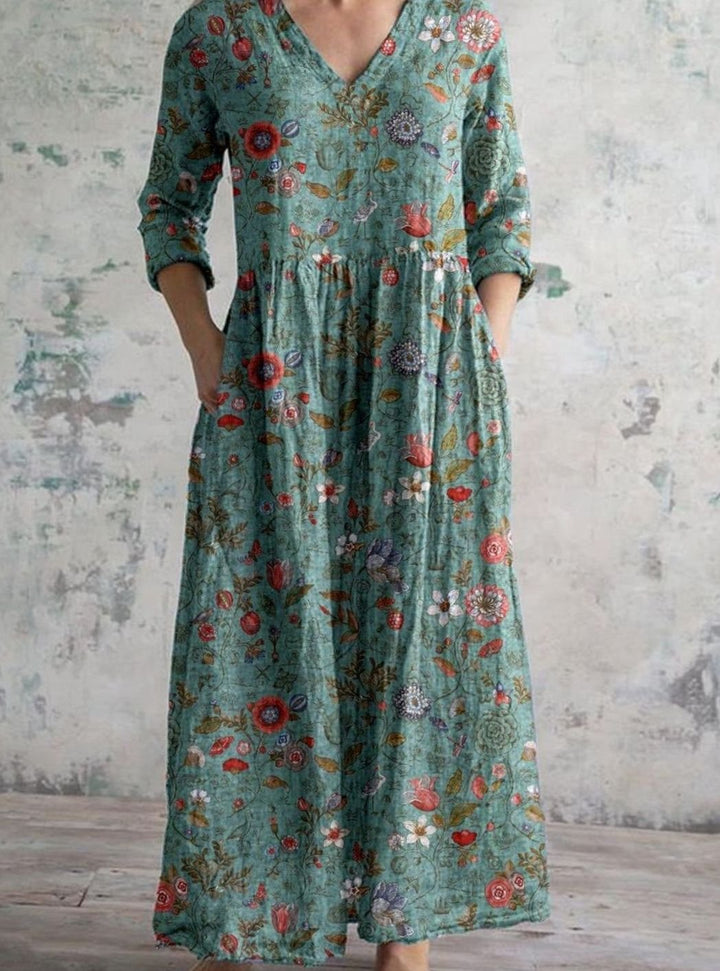 Women's Boho Floral Print V-Neck Midi Dress - Green