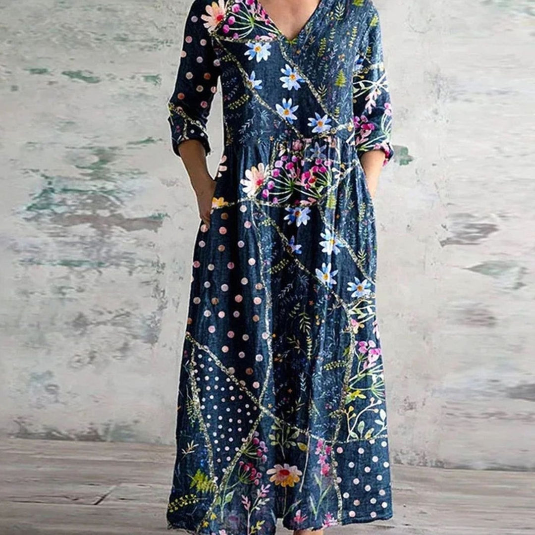 Women's Boho Floral Print V-Neck Midi Dress