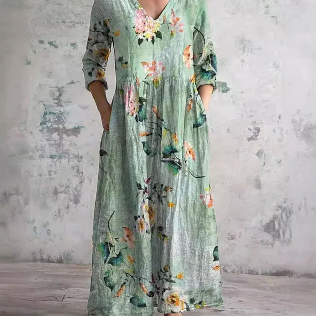 Women's Boho Floral Print V-Neck Midi Dress