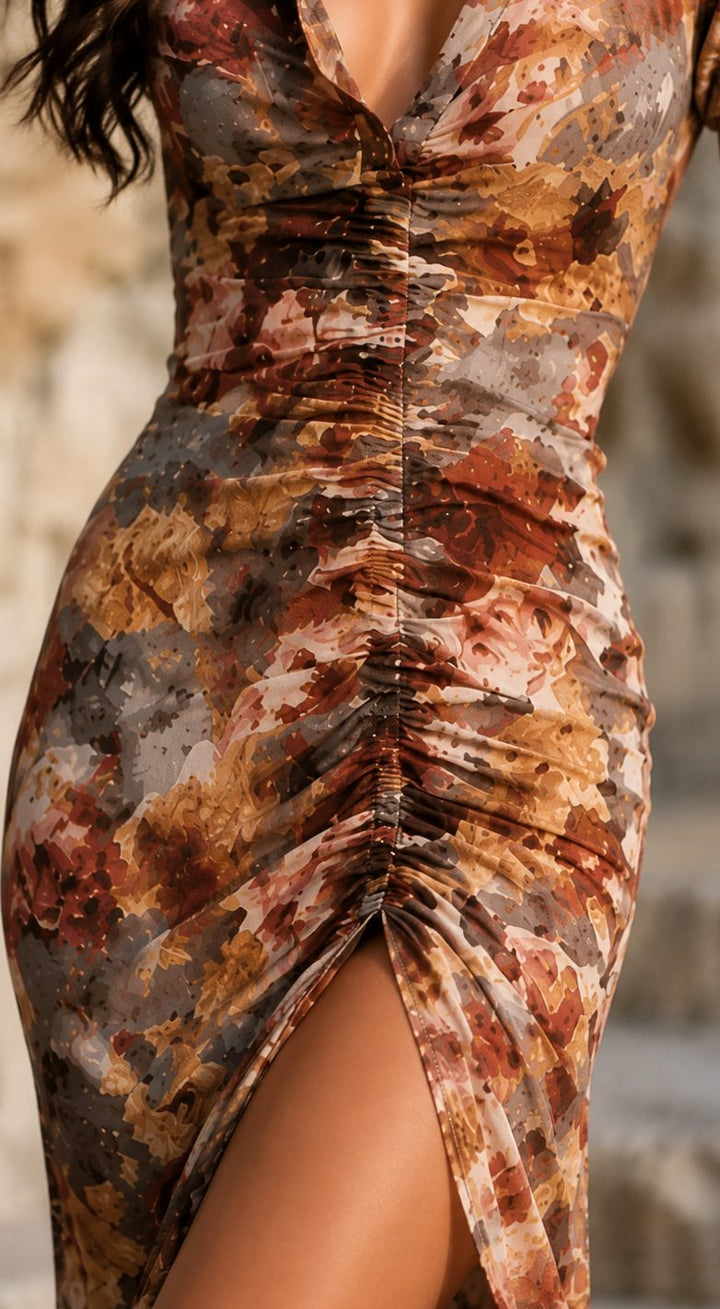 Women's Boho Floral Ruched V-Neck Maxi Sundress