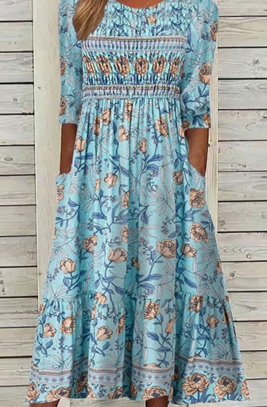 Women's Boho Floral Smocked High-Waist Midi Dress - Blue